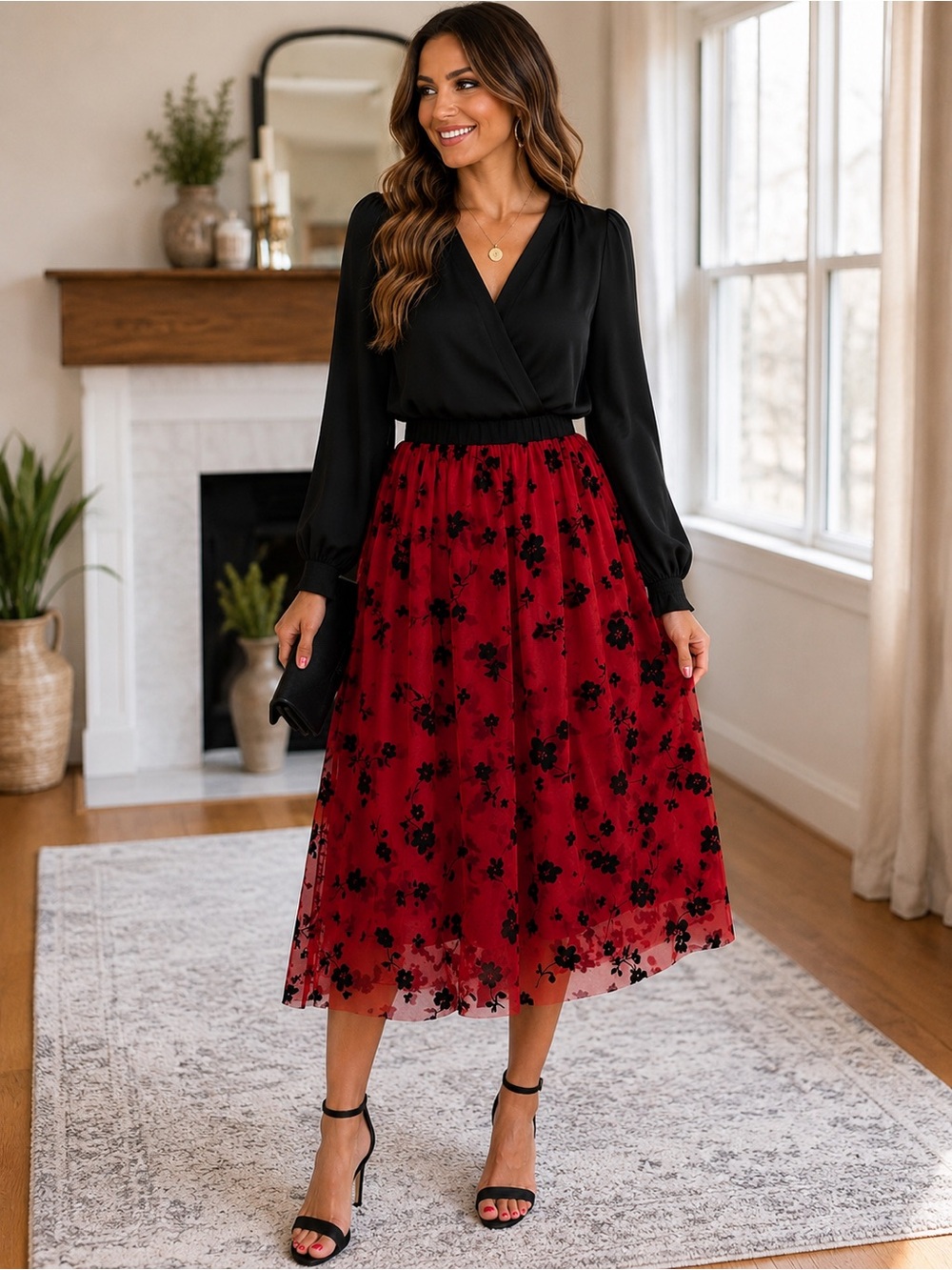 Red Floral Midi Skirt with Black Appliqué